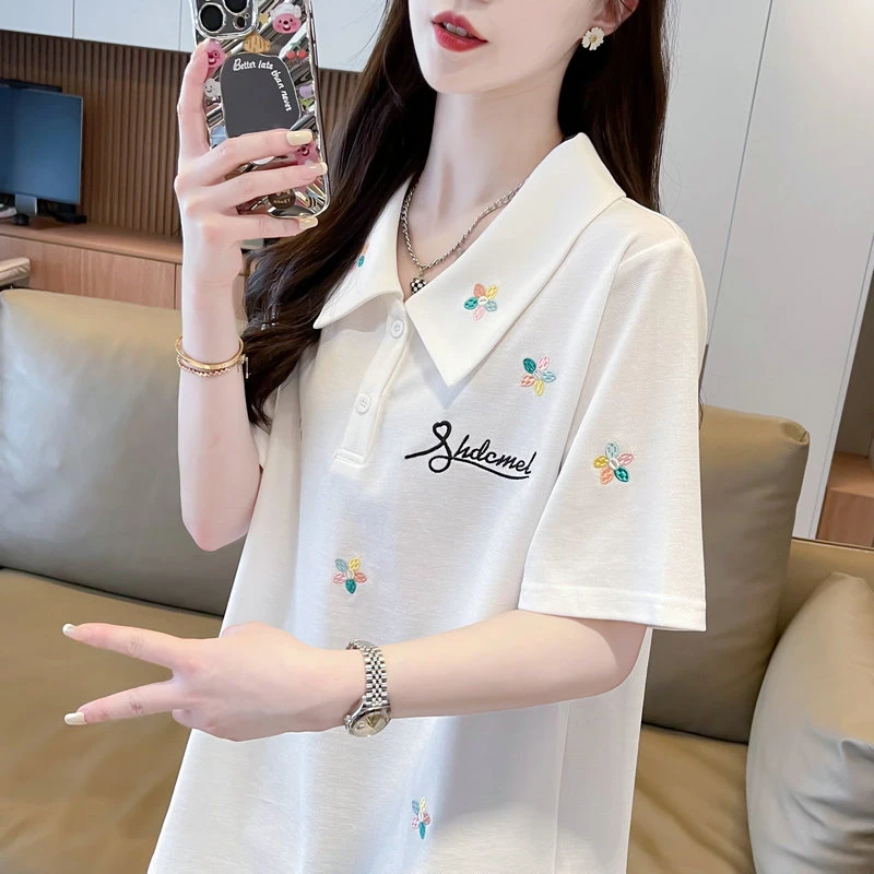 花朵刺绣短袖t恤女2025新款夏季韩版宽松大码女装设计感小众上衣