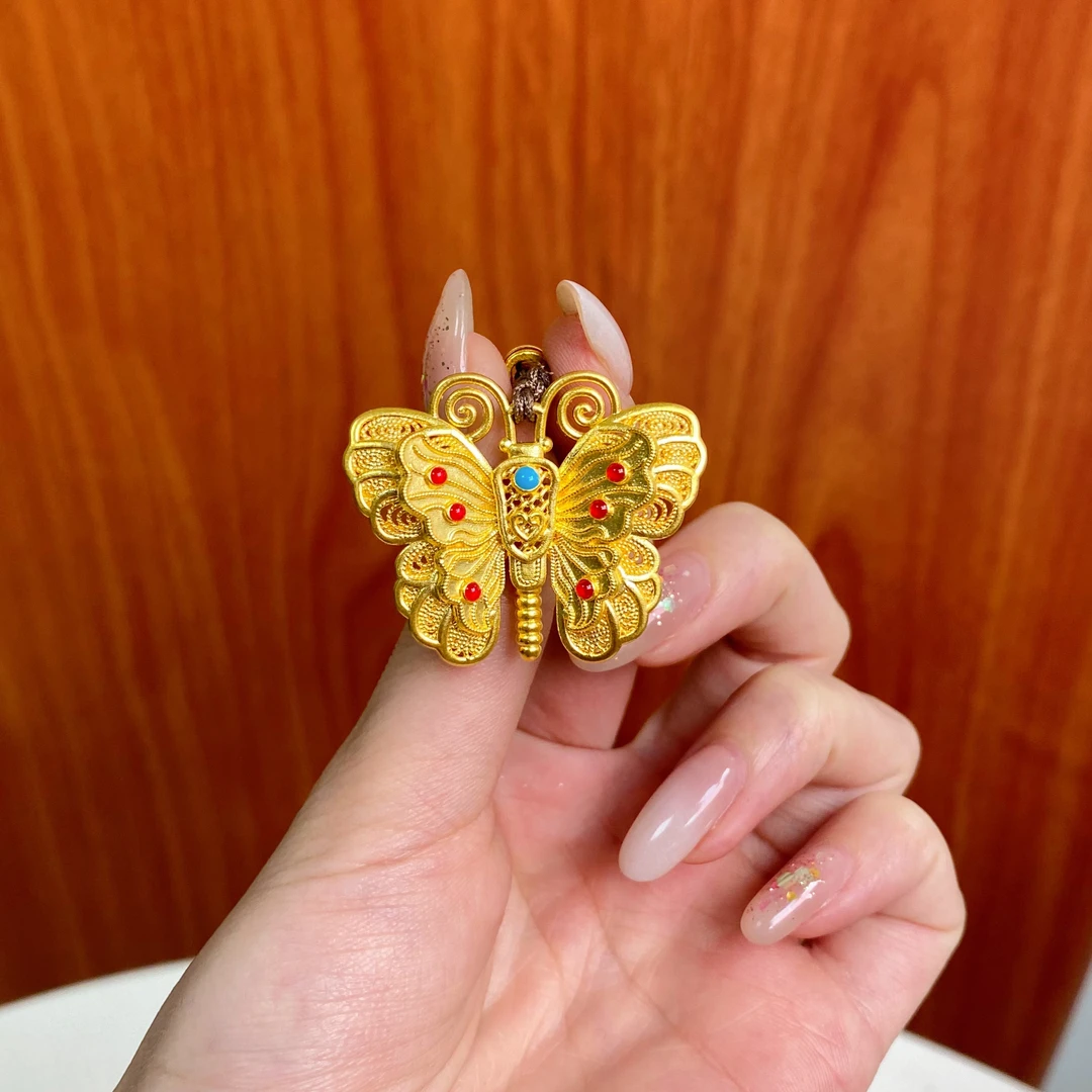 黄金花丝蝴蝶韦雪同款吊坠珐琅彩足金999水贝古法黄金首饰按克卖