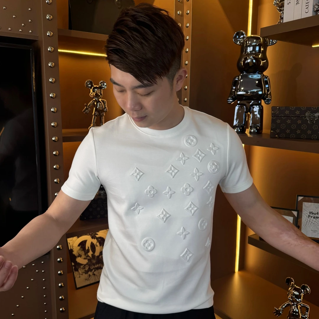 男士夏季新款潮牌立体印花休闲短袖青年时尚圆领百搭体恤纯色T恤