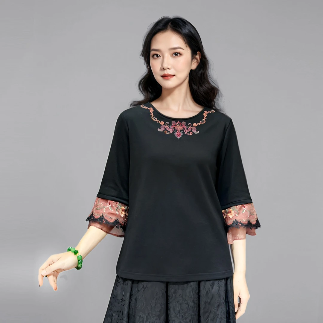 新中式复古民族风刺绣T春秋喇叭袖拼接弹力棉显瘦贴布袖打底衫女
