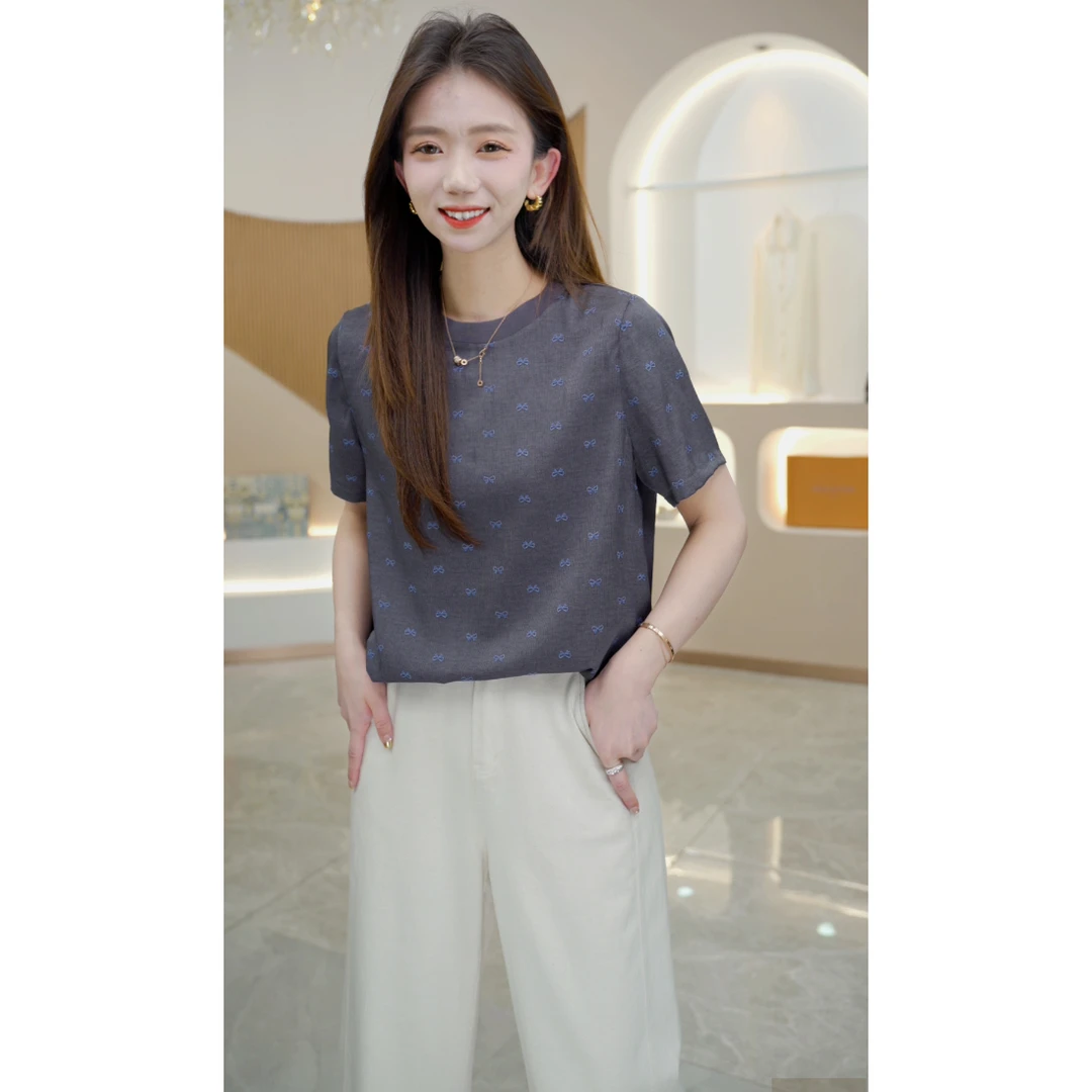 R H 2025年新款时尚气质显瘦休闲设计感桑蚕丝重磅双乔T恤56225