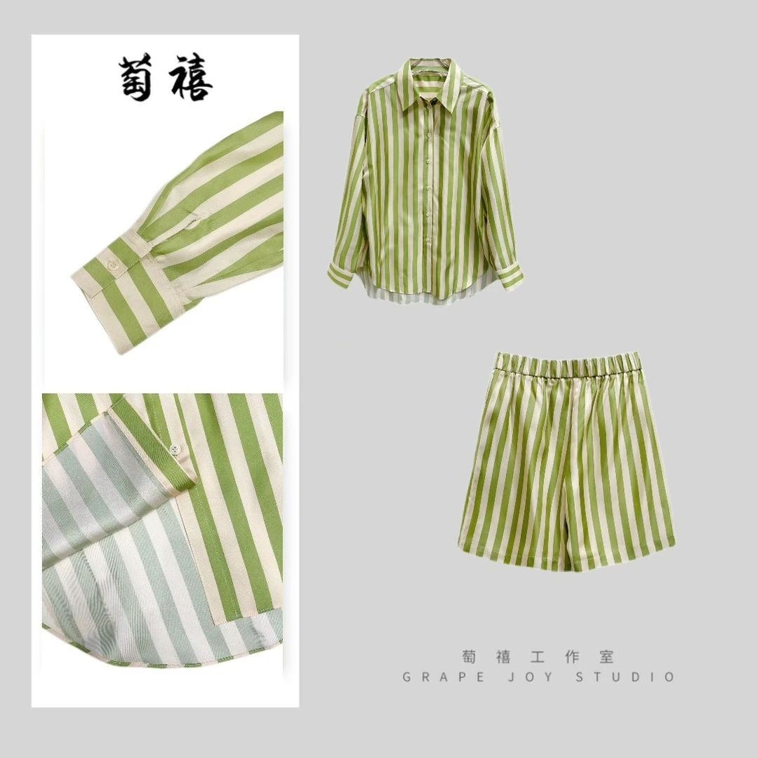 【萄禧-烟雨楼】新款真丝时尚百搭休闲松紧腰条纹短裤KDK2679