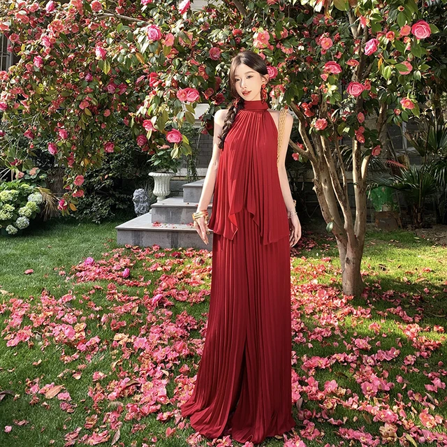 海边度假高级氛围拍照女神穿搭雪纺双色压褶飘带上衣阔腿裤套装