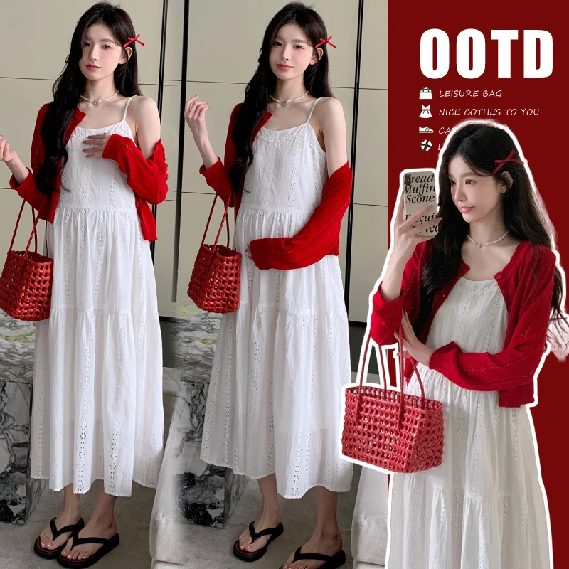 2025百搭夏季温柔风吊带连衣裙+法式洋气红色开衫外套孕妇套装裙