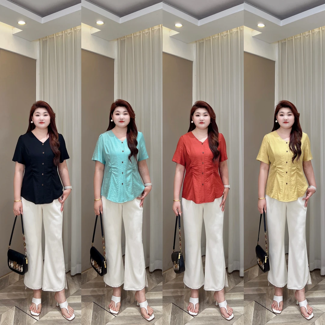 【上新上衣】PDM22193夏季新款气质V领百搭收腰显瘦大码衬衫