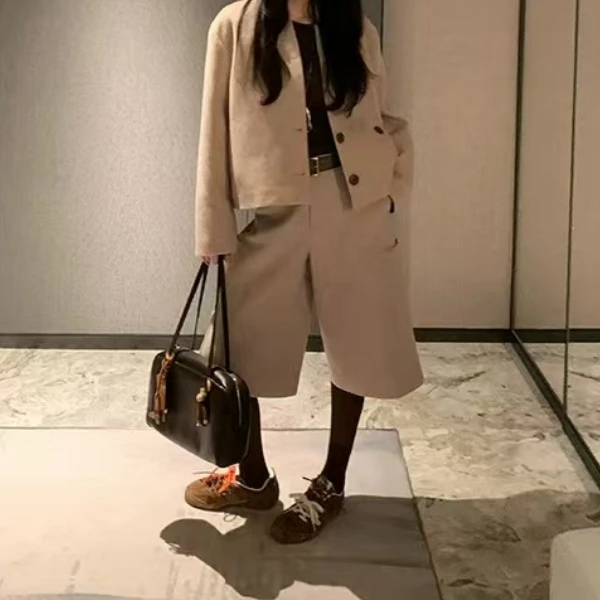 XiANJiE 2025秋冬老钱风毛呢混纺百搭阔腿中裤/休闲无领短外套