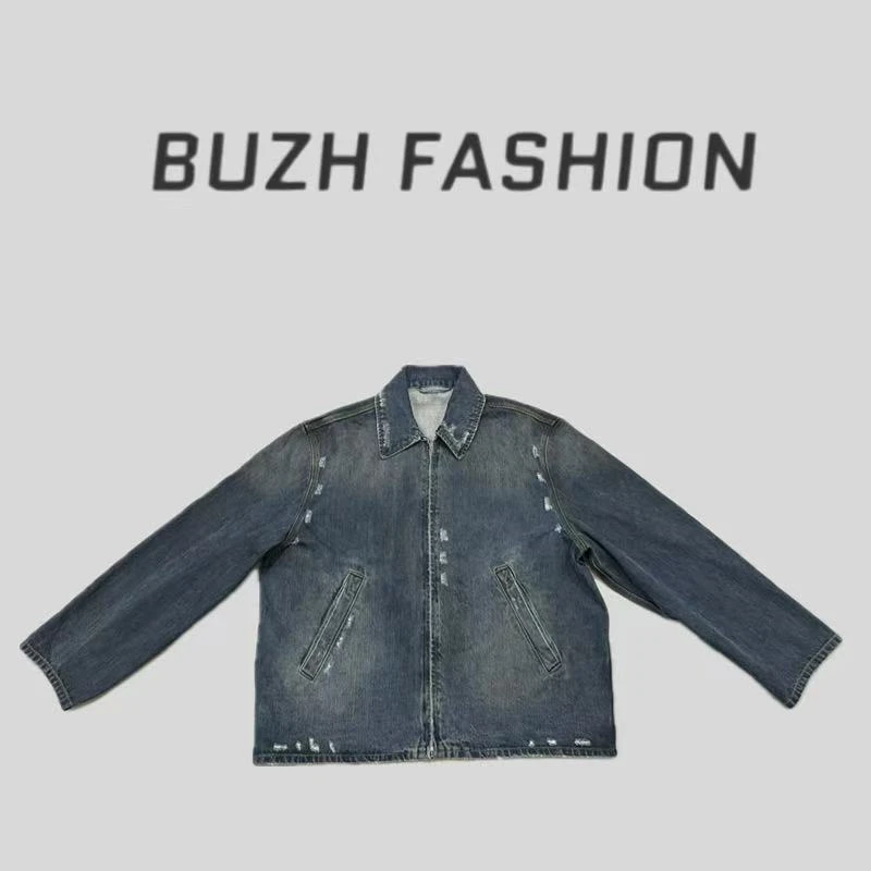 BUZH早秋新款水洗做旧翻领宽松版型双头拉链牛仔夹克外套牛仔套