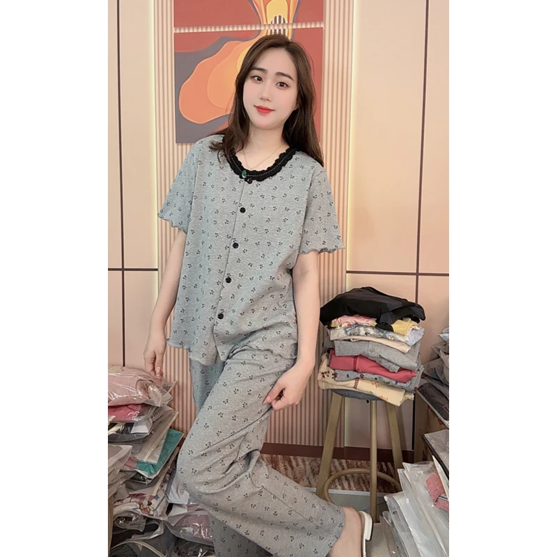 睡衣女夏季新款纯棉短袖长裤时尚可外穿休闲家居服（黑色小花）