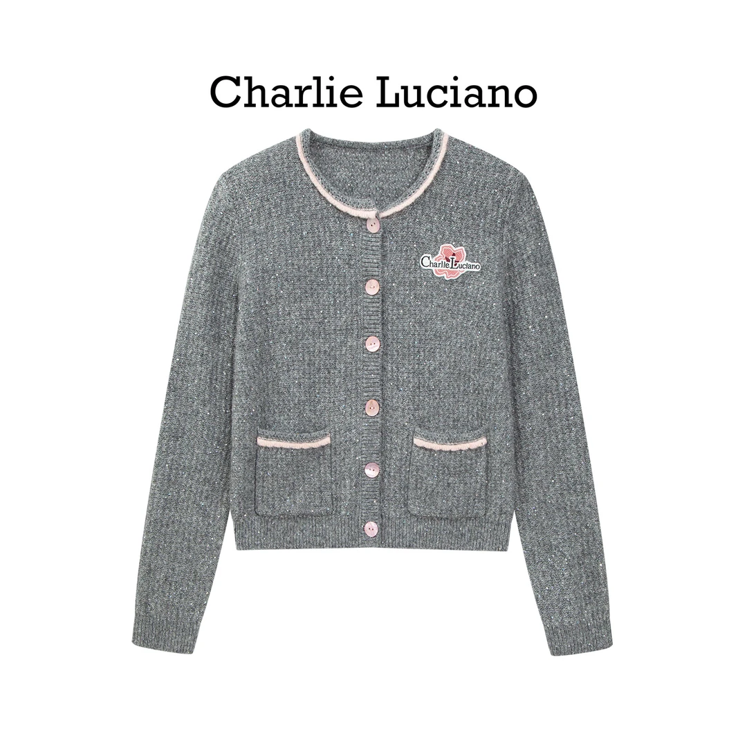 Charlie Luciano 撞色花朵标识针织开衫冬季新款设计感宽松外套女