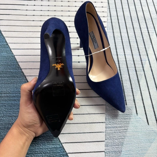 99新 Prada/普拉达 蓝色高跟鞋三八半