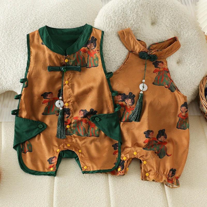 MT婴儿夏装薄款男女宝宝琵琶衣中国风唐宫无袖连体哈衣ZPX4224