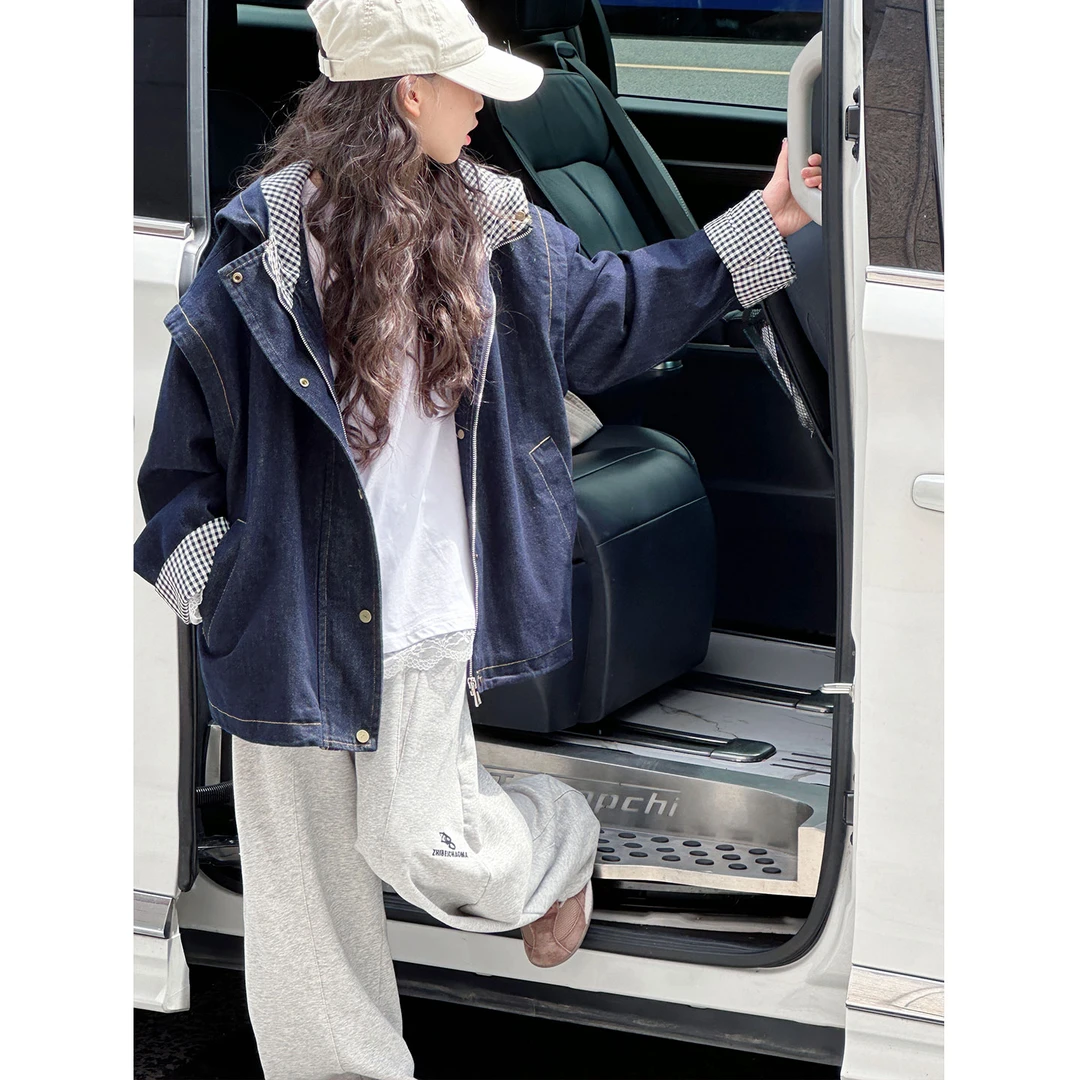 K28320孙小美复古拼接女童秋装牛仔外套2025新款春秋儿童连帽上衣