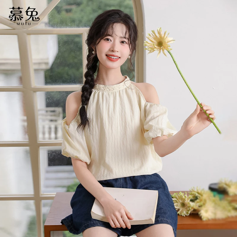 慕兔法式气质露肩泡泡袖衬衫女2024夏新款设计感小众别致显瘦上衣