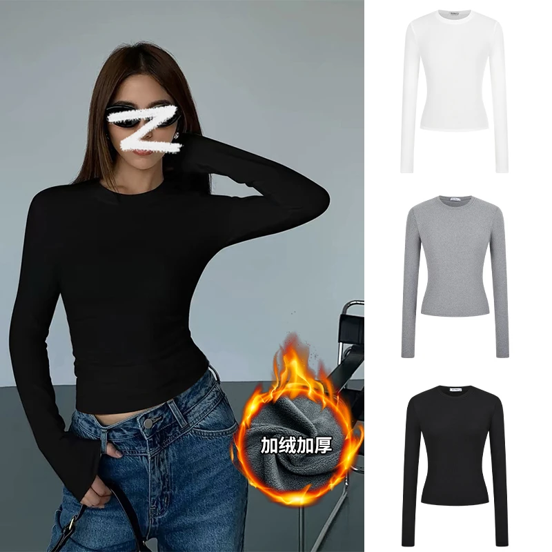 Moses Queen/魔西女王厚绒保暖t恤女修身打底衫掐腰正肩长袖上衣