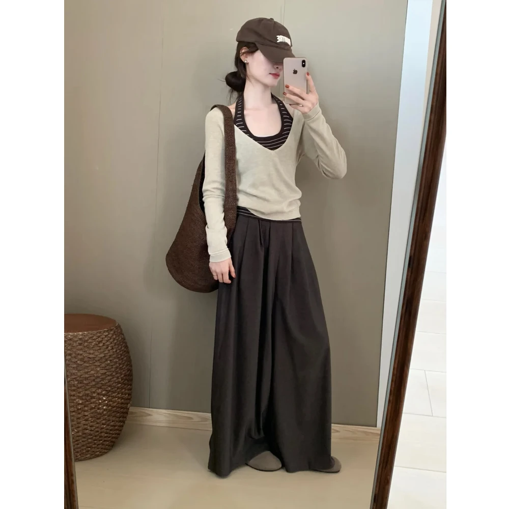 复古条纹挂脖长袖针织衫修身显瘦时尚背心上衣裤子三件套