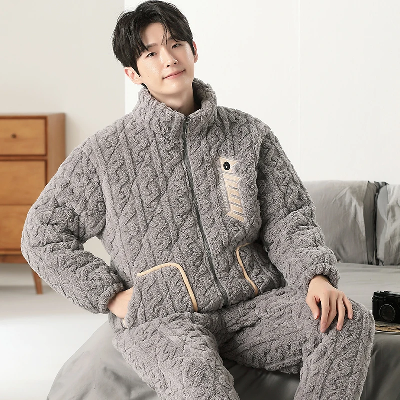 冬季三层夹棉男士珊瑚绒睡衣套装加厚加绒法兰绒家居服可外穿JX