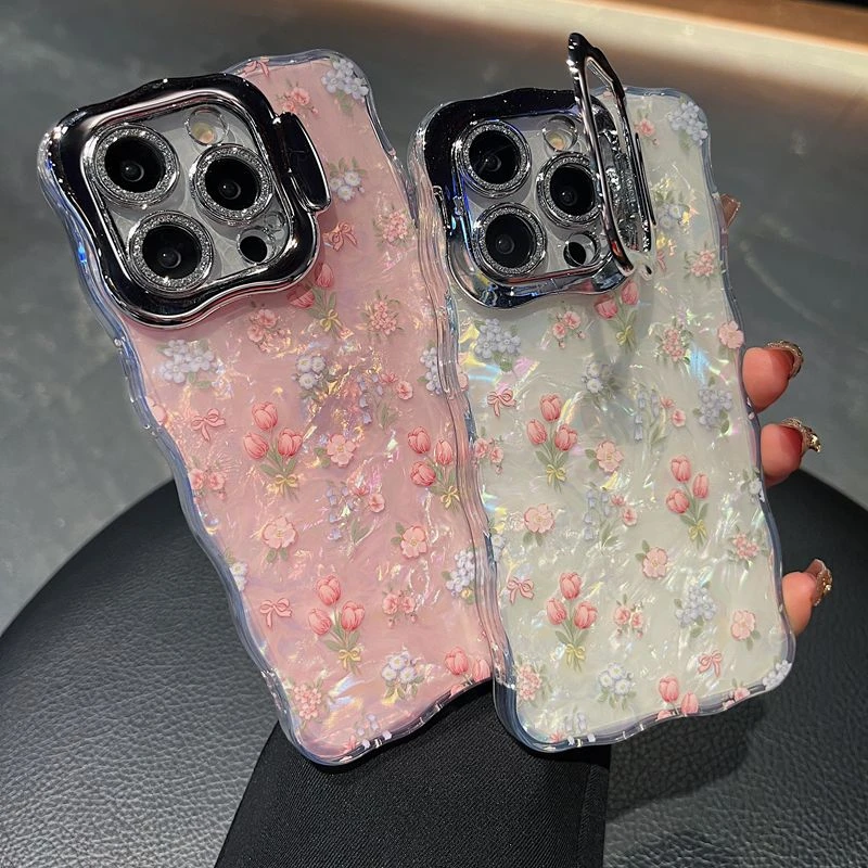 适用苹果系列iPhone16新款手机壳优雅郁金香贝壳纹全包支架镜头膜
