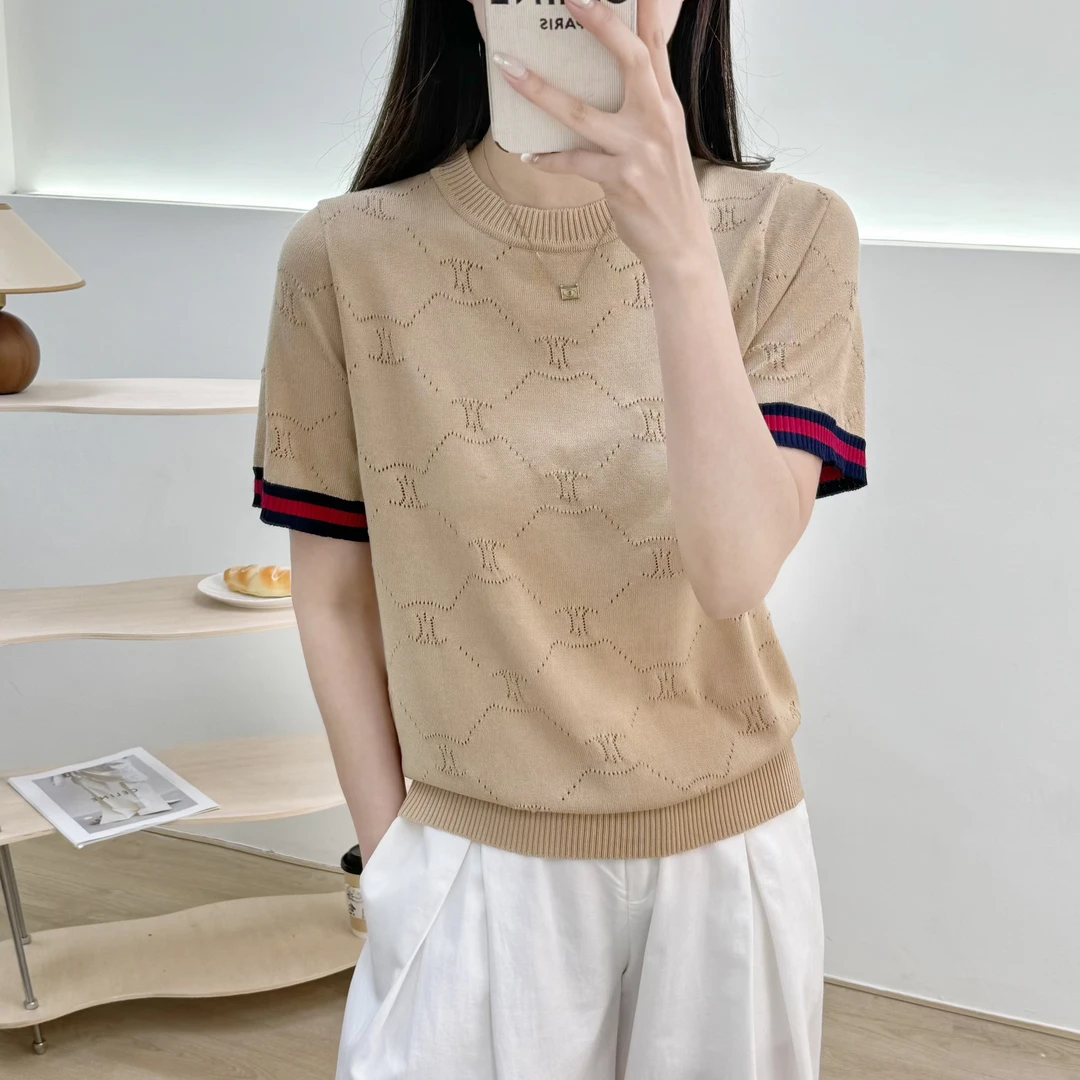 镂空半c春夏季新款冰丝针织短袖T恤4211