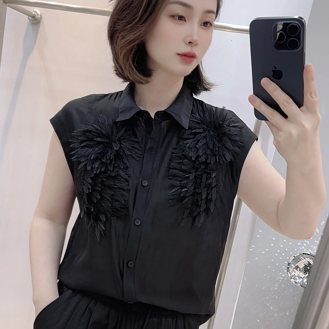 【2573】夏季新款立体花朵拼接高级感无袖女士衬衫