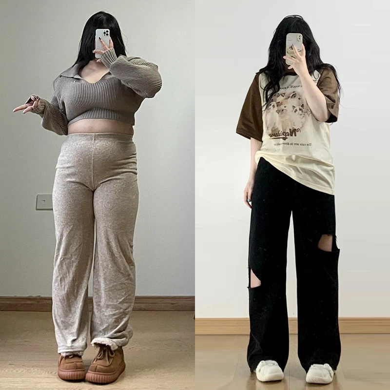 大码女装黑色破洞直筒牛仔裤女新款胖mm裤子梨型遮胯显瘦阔腿裤子