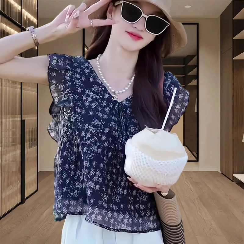 香朵儿洋气休闲舒适感碎花衬衫女2025年夏季新款无袖轻奢别致上衣
