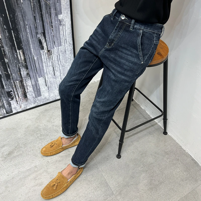 斜口袋个性潮牌牛仔裤男秋冬新品修身小脚韩版时尚深蓝痞帅长裤子