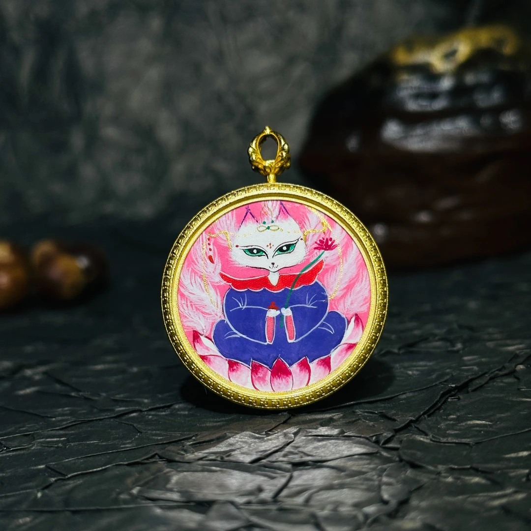 西藏正版纯手绘凤九唐3.5cm卡吊坠九尾狐随身小唐卡纯手工绘制