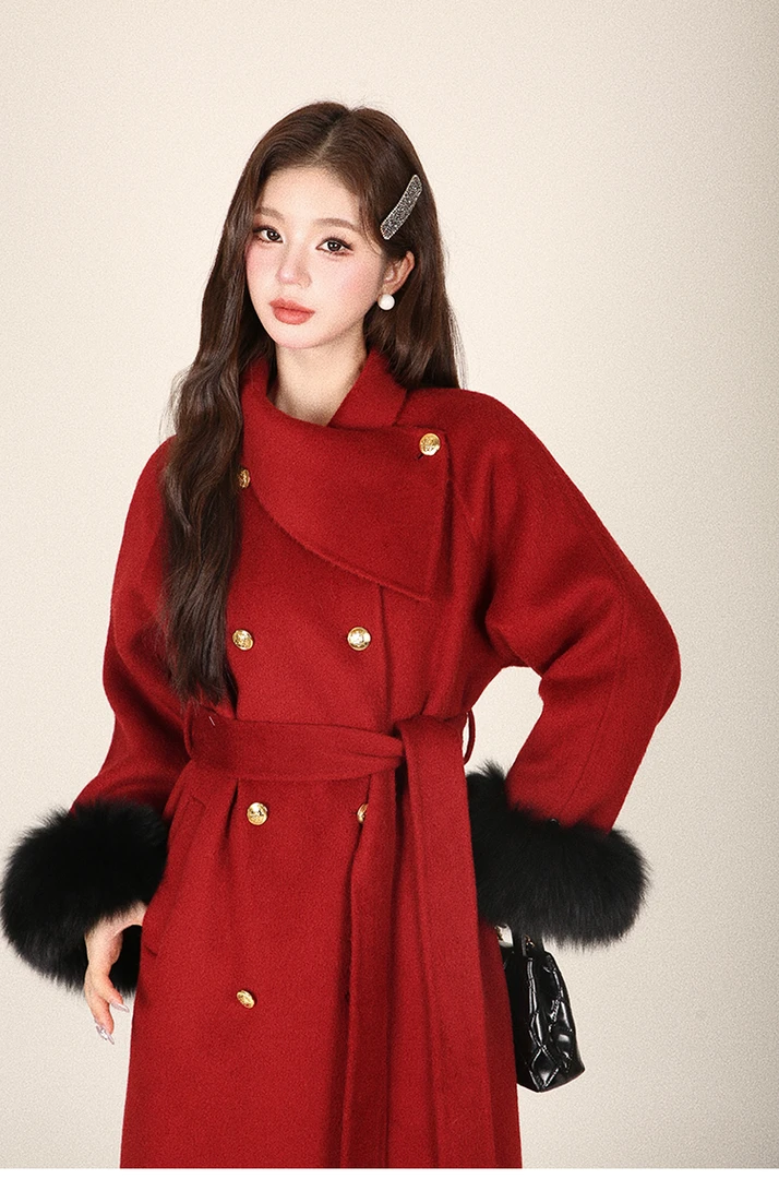 赫本风毛呢外套红色中长款时尚气质毛呢秋冬yuph黑色大衣女短款