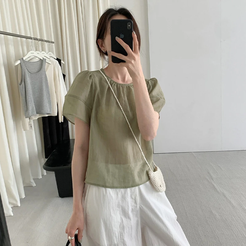 TG 甜美风薄透衬衫女2025夏季新款圆领泡泡短袖清爽百搭上衣