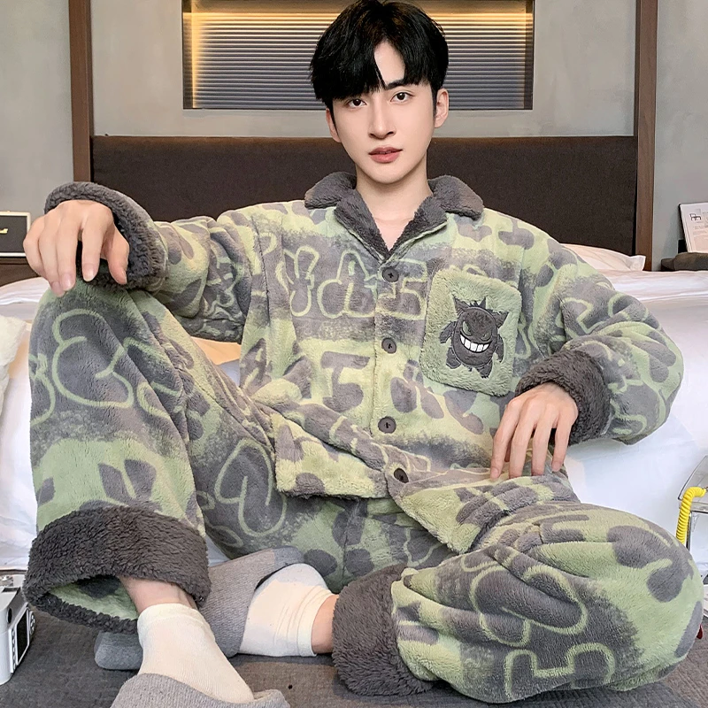 睡衣男士青少年冬季卡通加绒加厚珊瑚绒初中学生法兰绒家居服套装