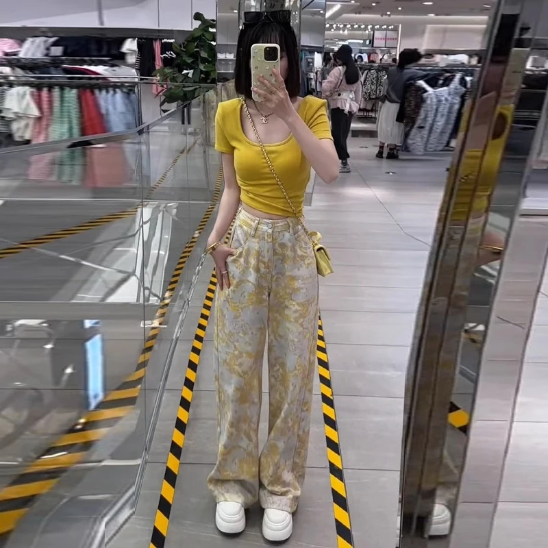 时尚多巴胺套装女2025夏季新款时髦洋气短袖T恤高腰阔腿裤两件套