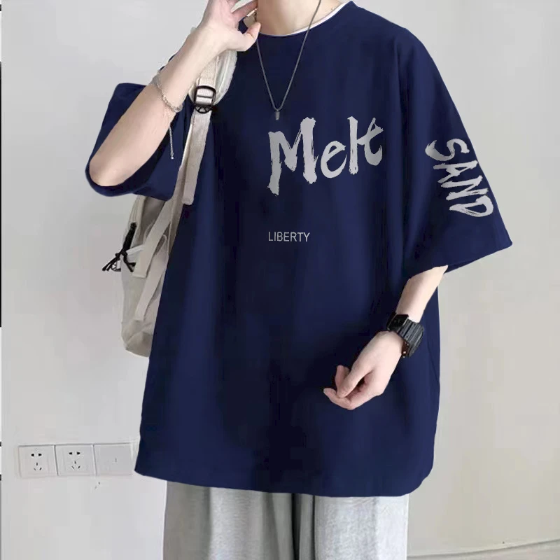 100%纯棉重磅加大码300斤圆领短袖T恤男港风学生印花简约夏季上衣