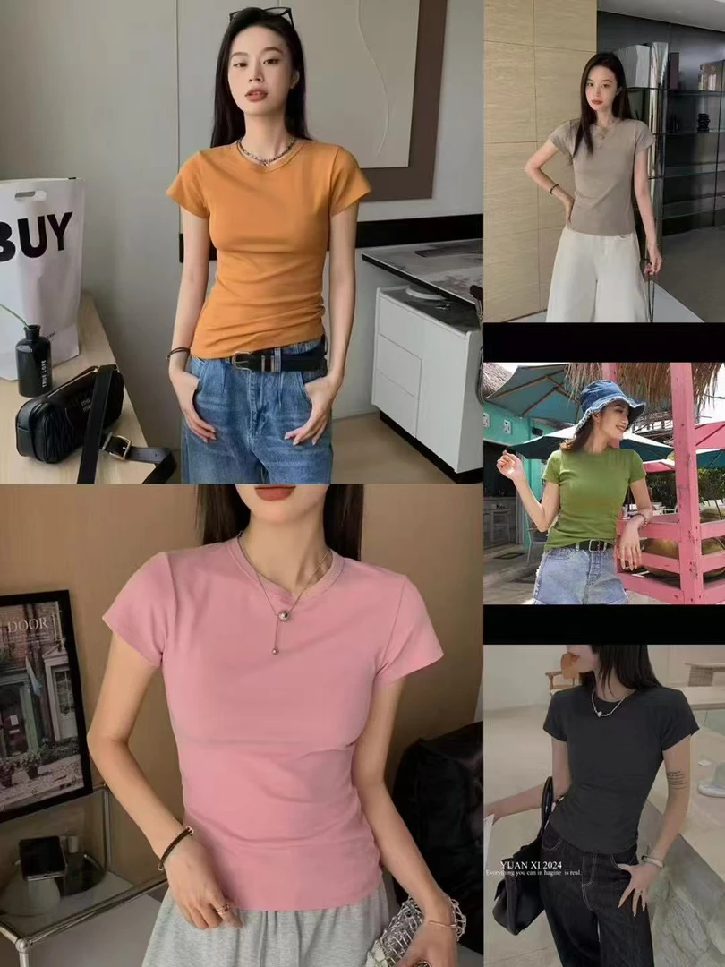 2025新款短袖T恤女小圆领螺纹正肩基础纯色打底显瘦上衣修身