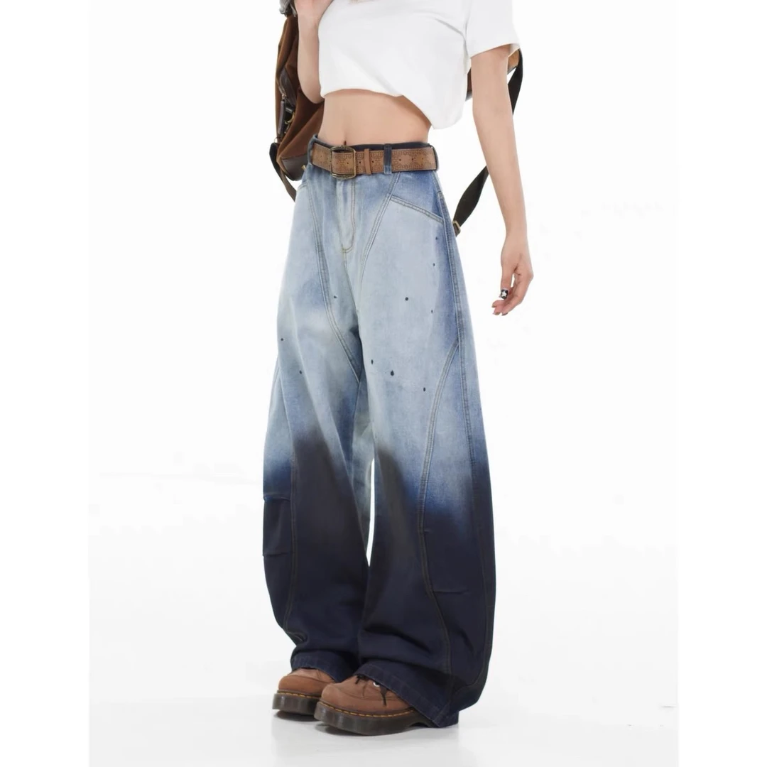 美式复古泼墨水洗牛仔裤做旧扎染渐变弯刀牛仔裤男阔腿宽松镰刀裤