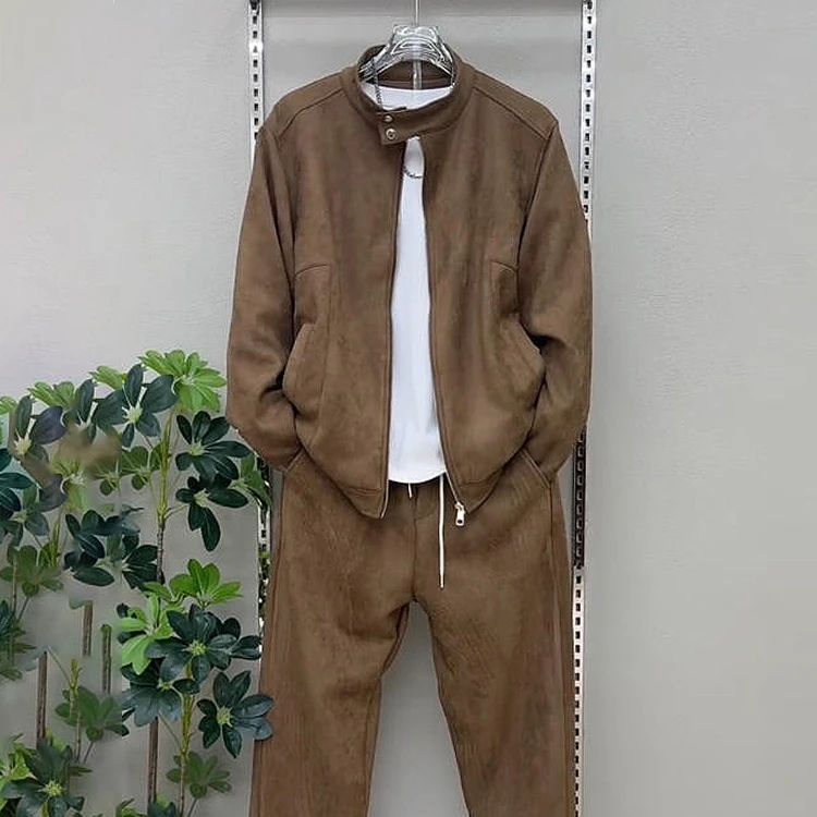 【精品】秋季新款鹿皮绒夹克套装男士时尚休闲百搭宽松束脚裤两件套