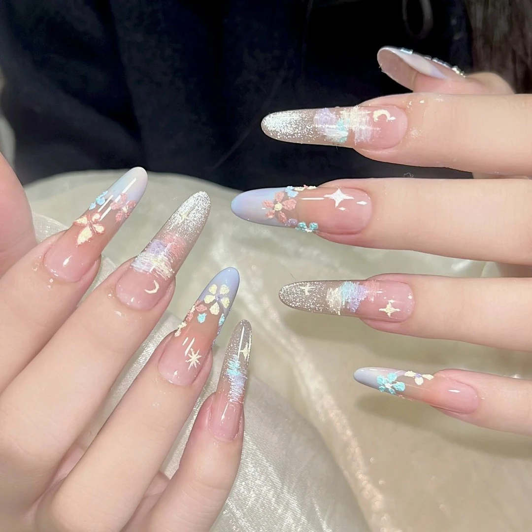 穿戴甲美甲新款春日油画猫眼手工穿戴甲莫奈花园纯欲显白温柔美甲