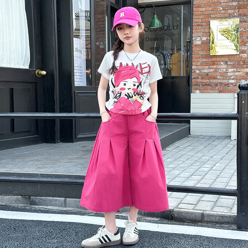 女童夏季卡通短袖阔腿裤套2025新款女孩8韩版休闲T恤七分裤两件套