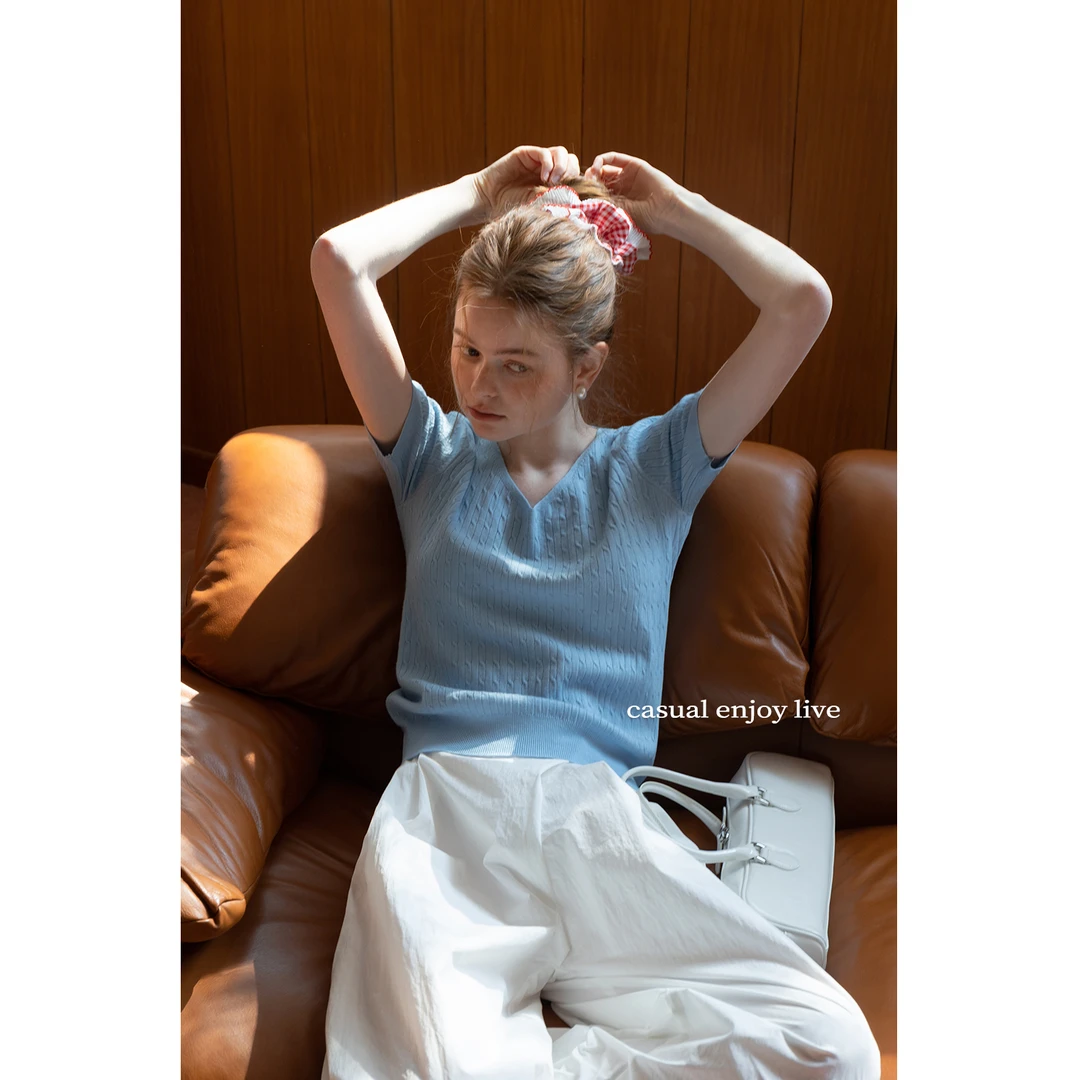 EGGKAV “丹麦春日”麻花短袖薄针织春款气质上衣E24A8279AF