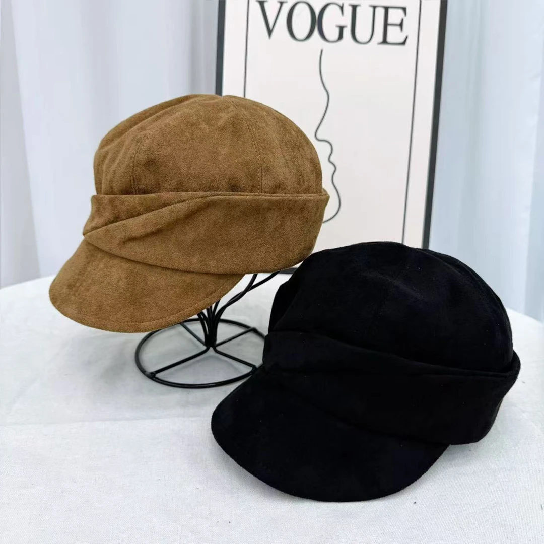 出口日韩复古麂皮绒鸭舌帽贝雷帽女秋冬百搭显脸小报童帽马术帽男