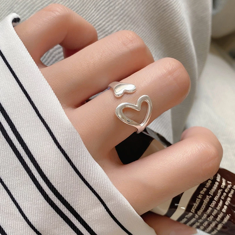 925银戒指 YC4801R 纯银简约小众镂空爱心开口戒指女食指环