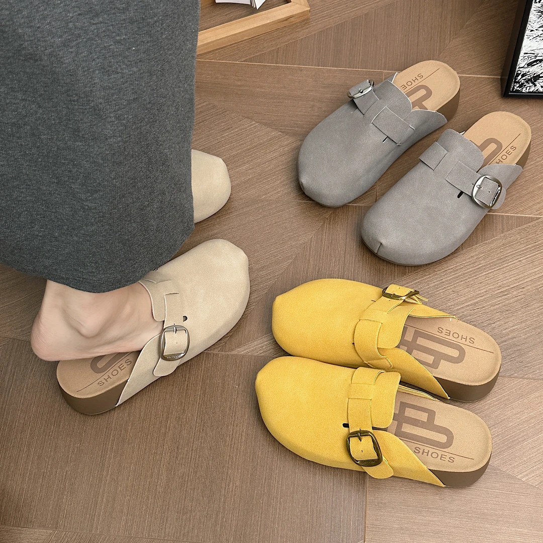 2025秋夏新款包头百搭吐司厚底5cm仙女风半拖绒面皮休闲一脚蹬ins