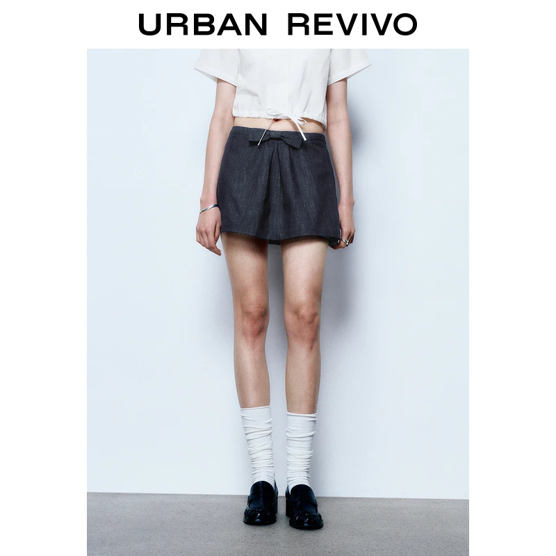 UR2025秋季新款女装休闲蝴蝶结装饰短款牛仔半裙UYY850083