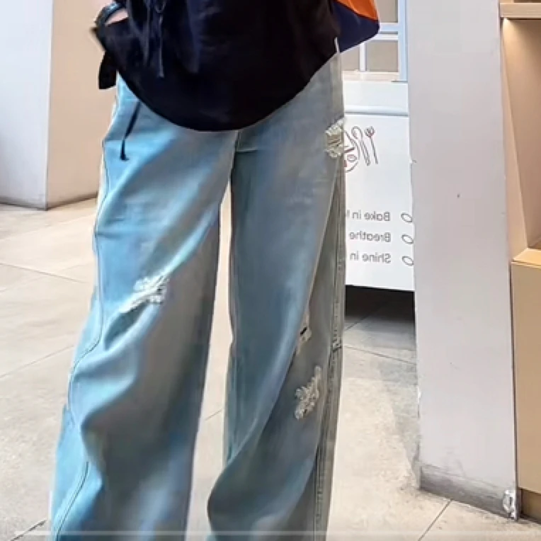 欧货破洞显瘦复古阔腿裤