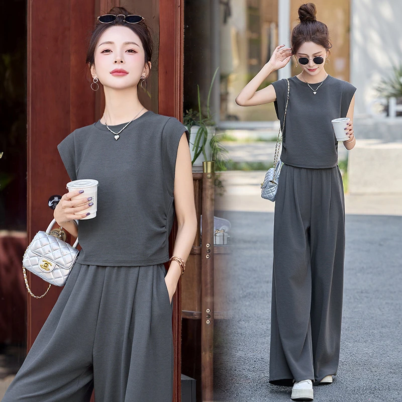夏装一整套显瘦休闲运动套装女2025新款高级感气质阔腿长裤两件套