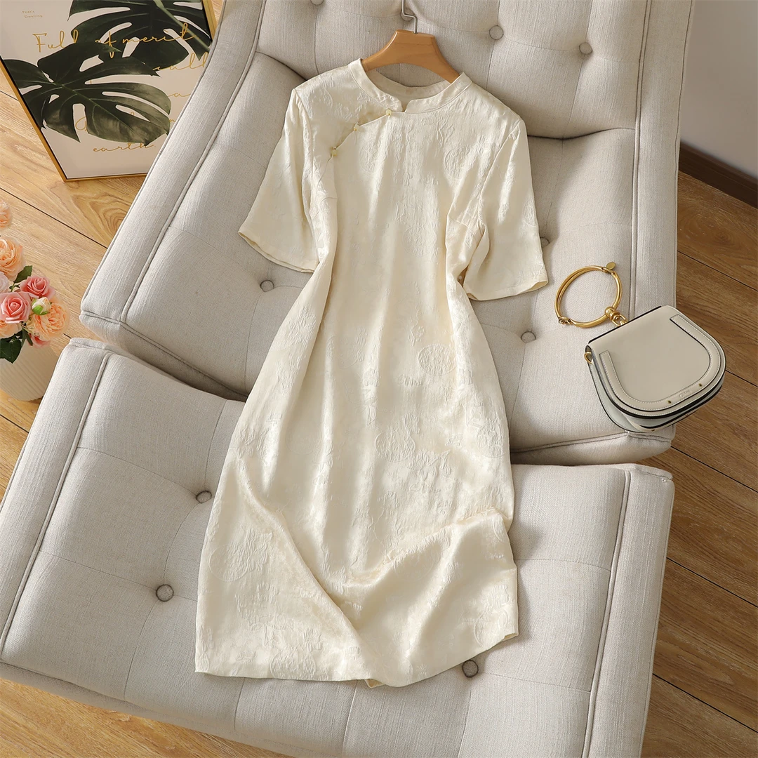 重磅推出：真丝冠乐绉【浮雕提花】新中式女装桑蚕丝长连衣裙