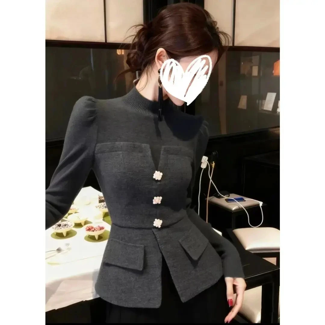 收腰上衣灰色新款绝美女设计感高端针织衫冬季气质巨好看小资2025