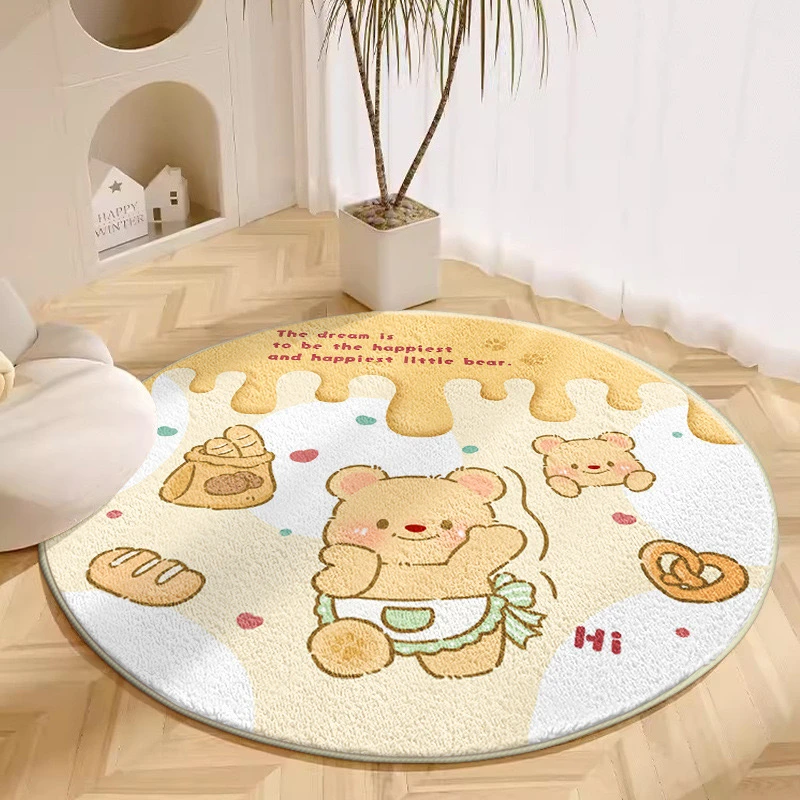 小熊仿羊羔绒加厚圆形毛绒床边毯化妆椅毯卧室地毯创意儿童房