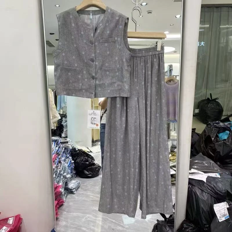 604/5077-1/166-18  时尚波点套装女单排扣马甲背心+阔腿裤两件套