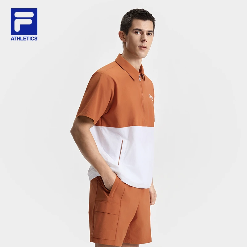 FILA 斐乐官方男子梭织上衣2025夏新款网球运动拼色宽松翻领短袖