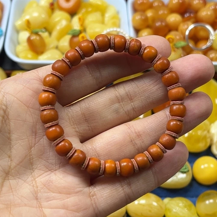 琥珀未镶嵌裸石卡7加老蜡橘皮手串精工微瑕